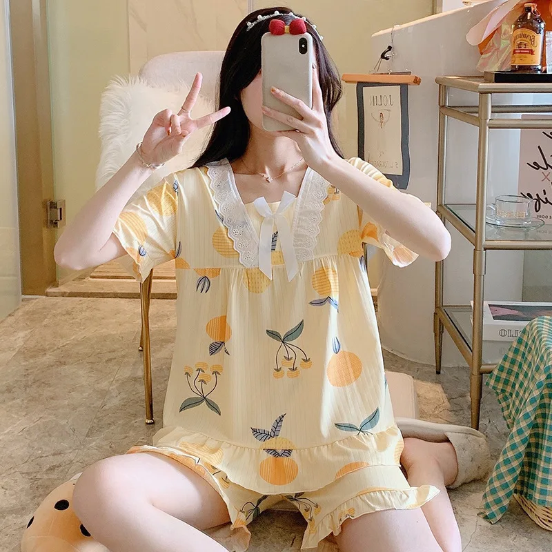 

Cotton Short Sleeve Shorts Floral Print Woman Satin Pajama Sets Ensembles 2 Piece Lady Outfit Lounge Women Pijama Sleepwear Pj