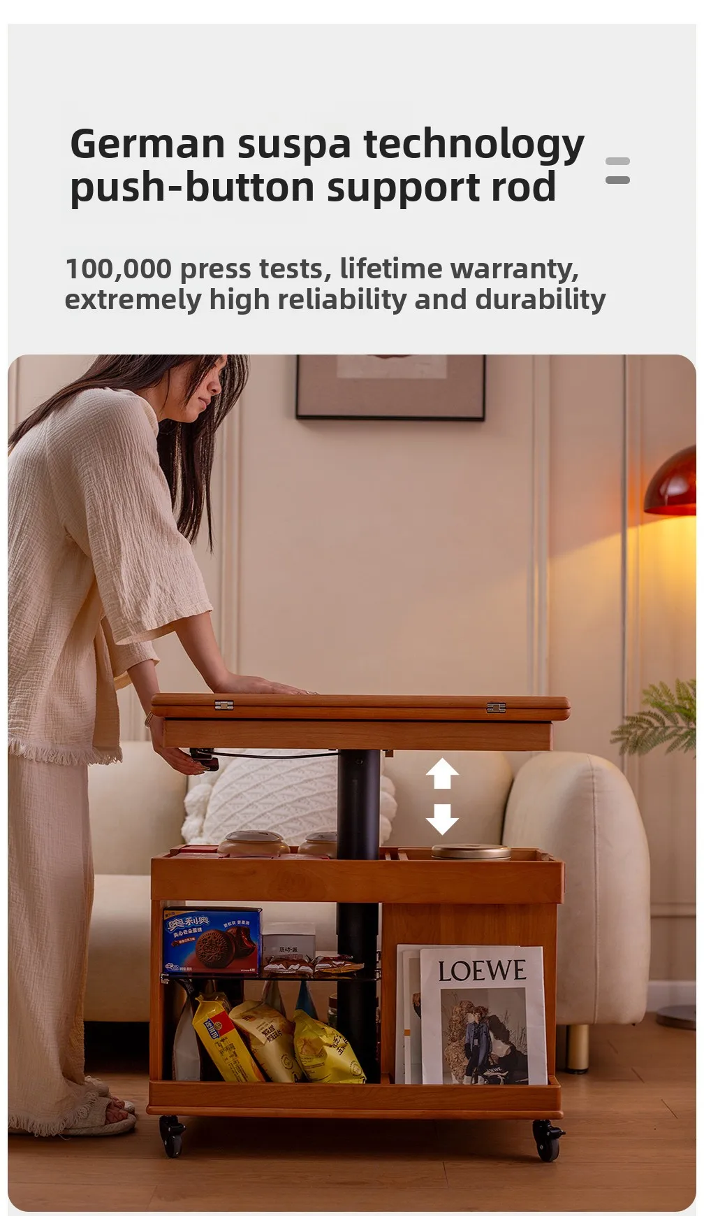 Folding solid wood edge few tea table liftable living room sofa side cabinet with wheel trolley