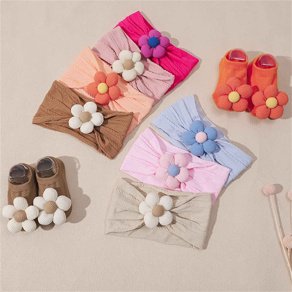 2Pcs Flower Baby Headband Socks Set Soft Nylon Hairband for Newborn Girl Elastic Floral Turban Short Sock Infant Headwear image 2