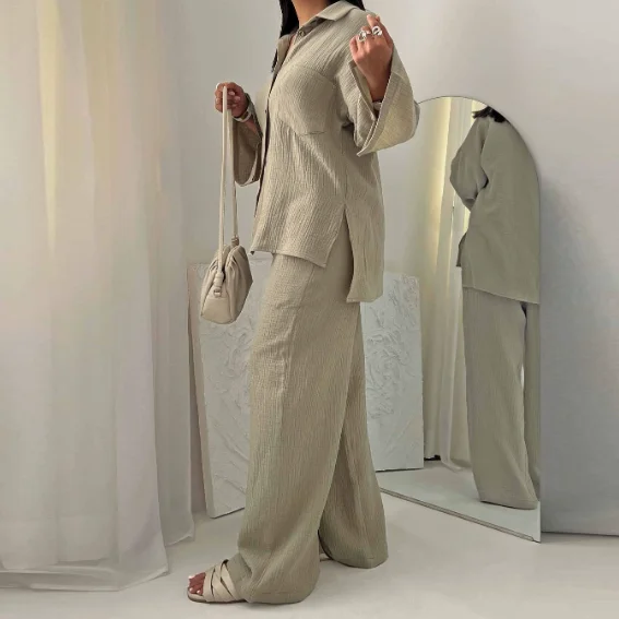 Fashion 2 Piece Sets Woman Outfit Wrinkled Fabric Long Sleeved Shirt Top High Waisted Wide Leg Pants Set for Women's Casual Set