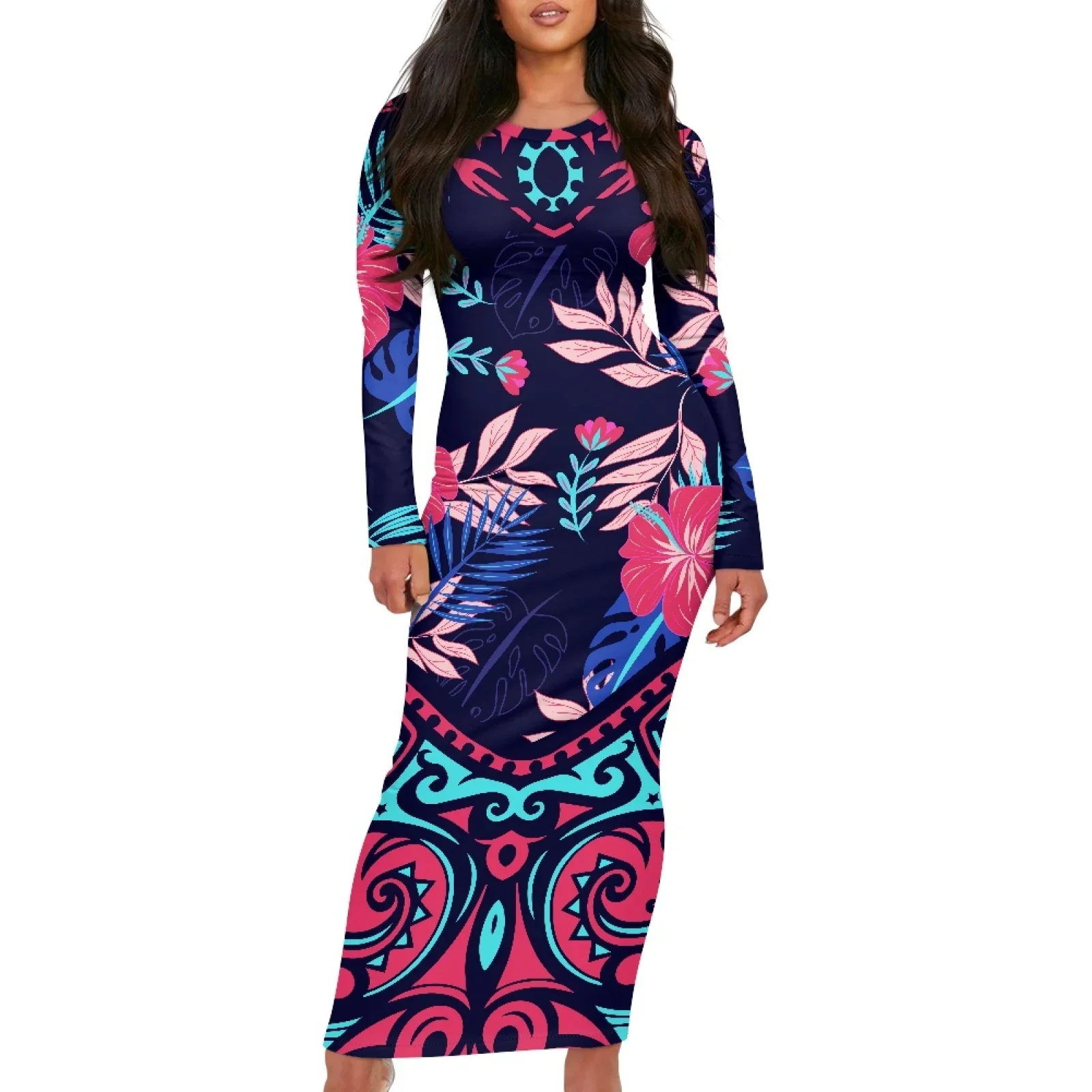 Polynesian Tribal Fijian Totem Tattoo Fiji Prints Women Sexy Slim-Fit Hibiscus Long-Sleeved Tight Dress Comfort Knitted Fabric