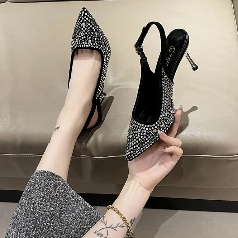 

Fashion Women Heels Sandals 2024 Summer Crystal Pointed Toe Female Stiletto African Party Rhinestone Shallow Slip On Heel Shoes