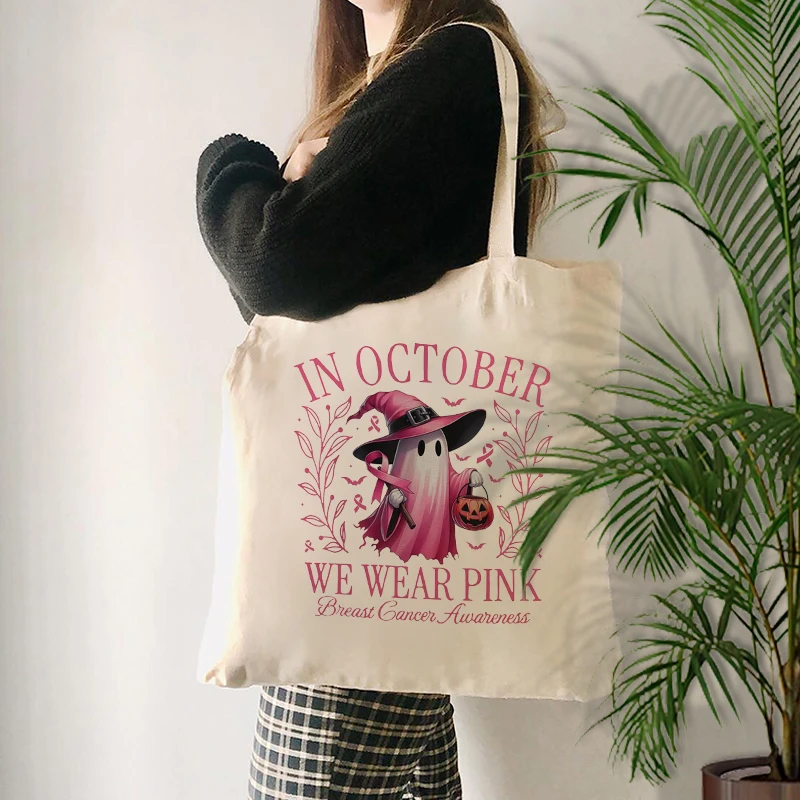 In October We Wear Pink Breast Cancer Awareness Halloween pattern Tote Bag Canvas Shoulder Bag For Travel Daily Commute Women's