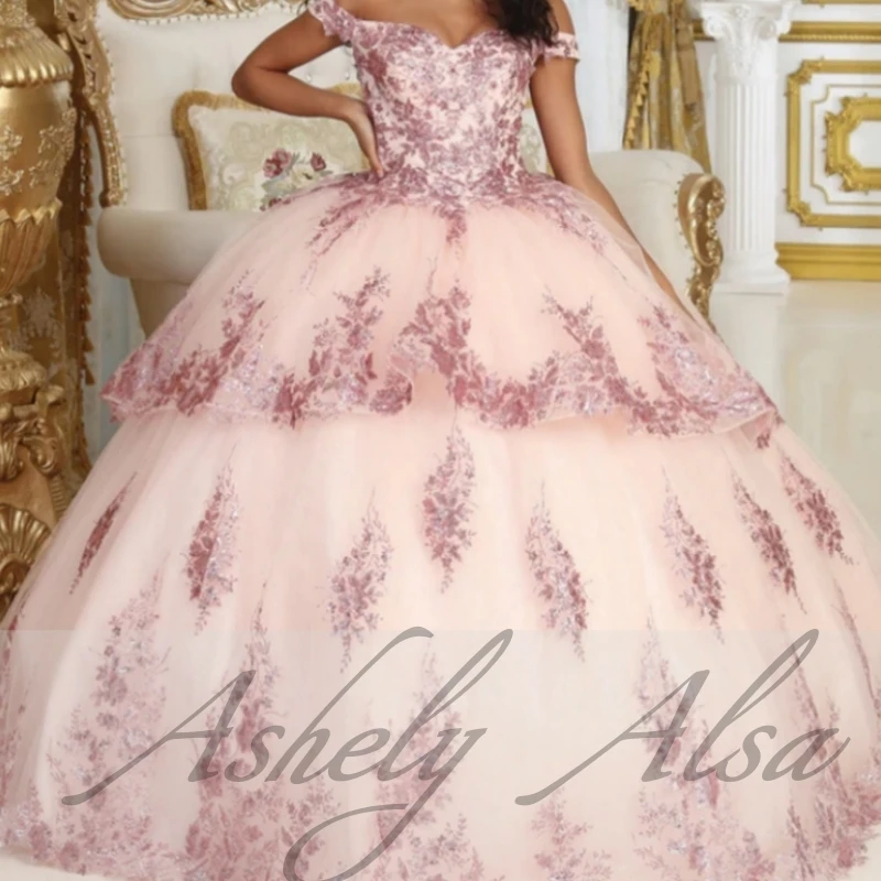 Customized Princess Birthay Party Dresses Ball Gown Off Shoulder Lace Applique Prom Occasion Wear Vestido De 15 Quinceanera 16