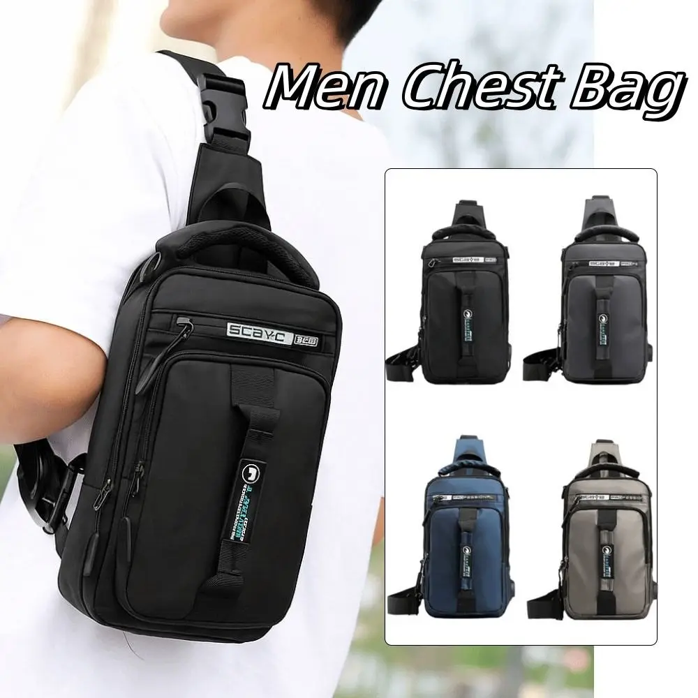 

All-Match Multi Pockets Men Chest Bag Nylon USB Charging Sports Shoulder Bag Zipper Solid Color Crossbody Bag Travel