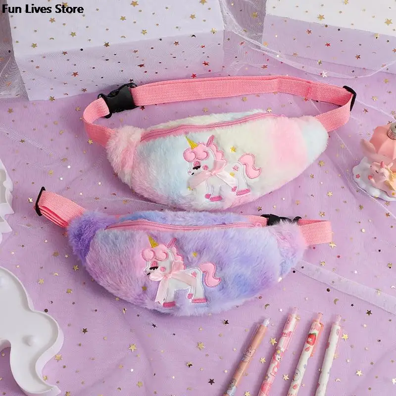 Unicorn Kids Plush Waist Pack Children Soft Chest Bags Cartoon Mini Waistpack Winter Faux Fur Purse for Travel School Handbags