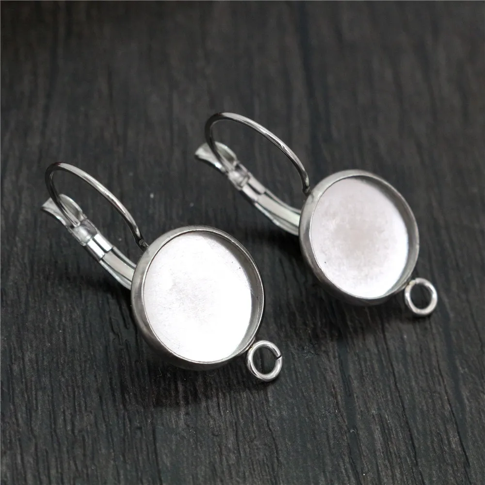( No Fade ) 12mm 10pcs Stainless Steel one Loop French Lever Back Earrings Blank/Base,Fit 12mm Glass Cabochons,Buttons