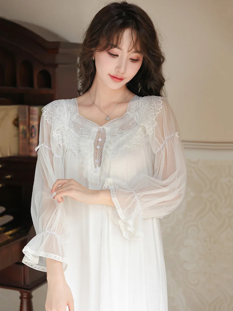 French Retro Princess Pajamas Nightdress for Women Spring Autumn Long Sleeve Mesh Modal Fairy Victorian Nightgowns Sleepwear