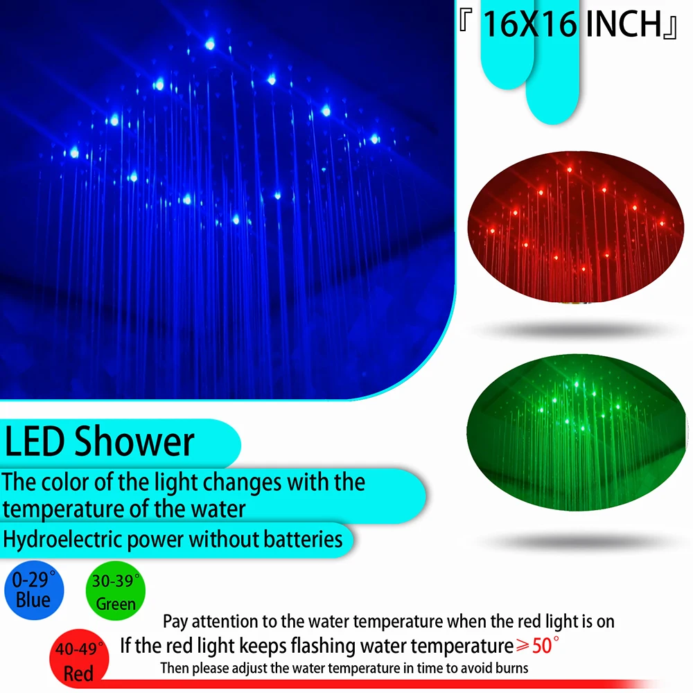 16-Inch Matte Black Rain Shower System 3-Function Thermostatic Shower Set  Digital Display LED Color-Changing Shower Faucet