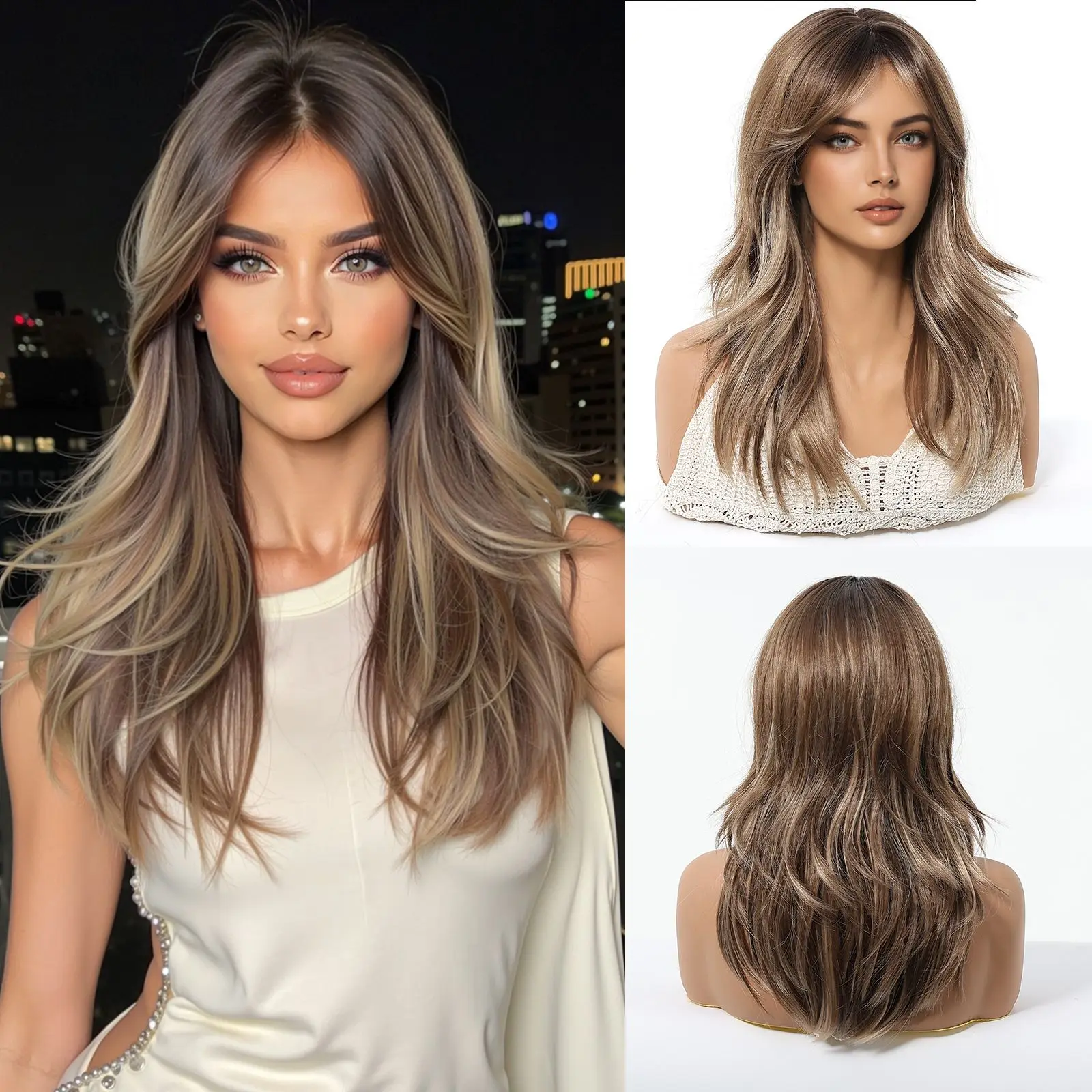 

ALAN EATON Коричневый смешанный блондин Длинные вьющиеся синтетические парики Натуральная средняя часть для женщин Парик Термостойкий Ежедневное использование для вечеринок