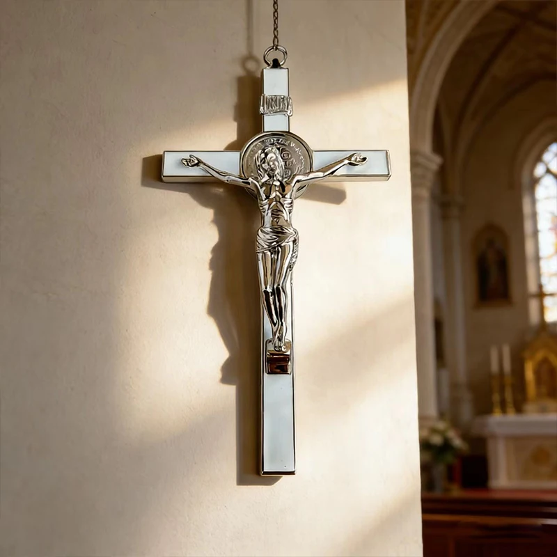 New High-Quality Silver-Plated Catholic St Benedict Crucifix with INRI Engraving for Wall Hanging and Daily Spiritual Devotion