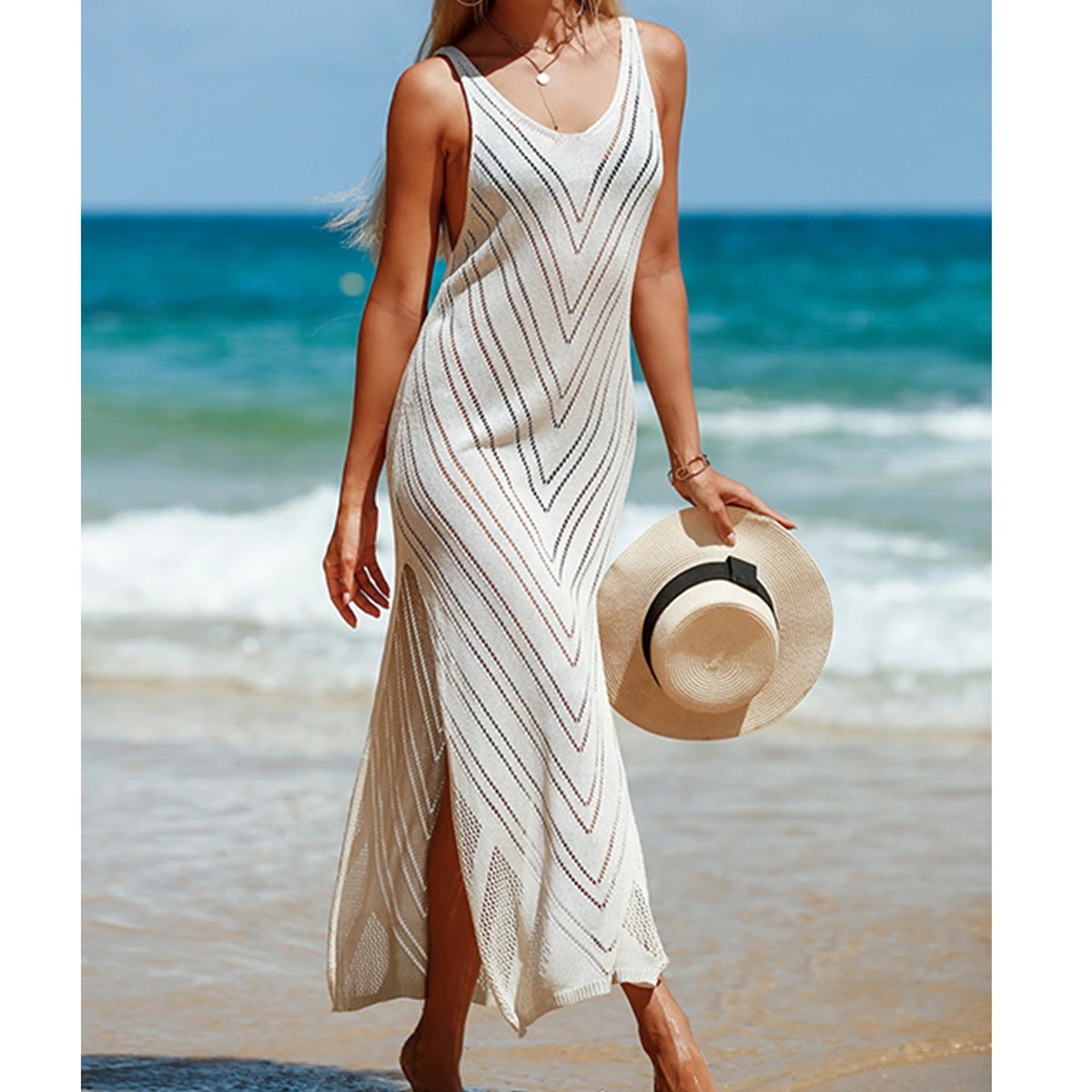 Women's Summer Knitted Bikini Dress Solid Color Transparent Sleeveless V Neck Slit Beach Wear Cover Up