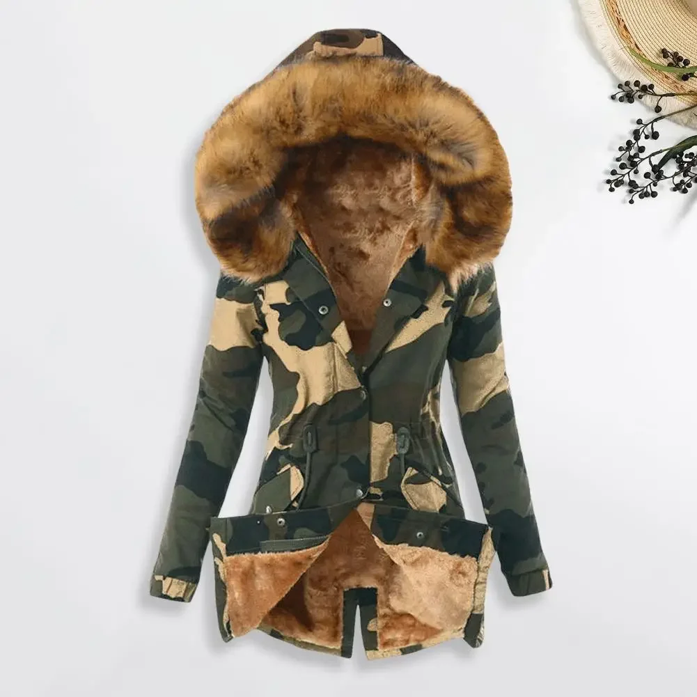 Faux Fur Fleece-lined Down Coat Camouflage Print Slim Fit Outerwear Women Winter Windproof Mid Length Jacket