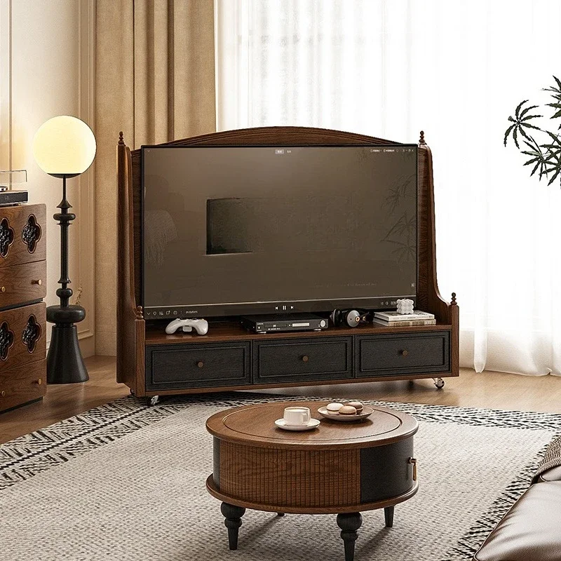 Solid wood American floor-to-ceiling TV cabinet mobile bracket small apartment living room storage Multi-functional