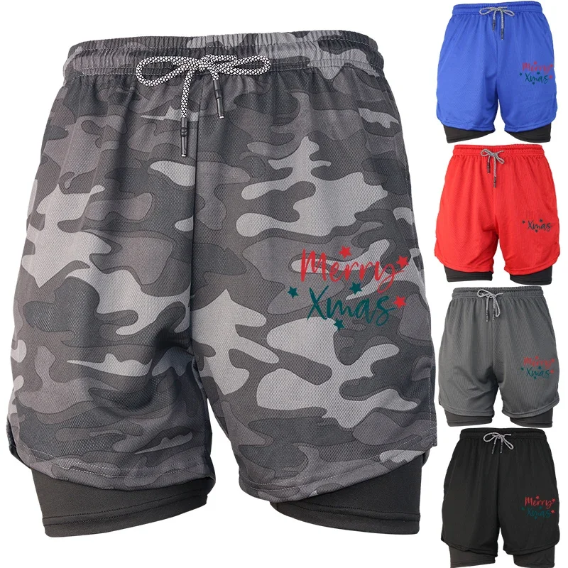 

Мужские летние шорты 2 в 1, спортивные шорты для бега в тренажерном зале с принтом и карманом для телефона, быстросохнущие, дышащие
