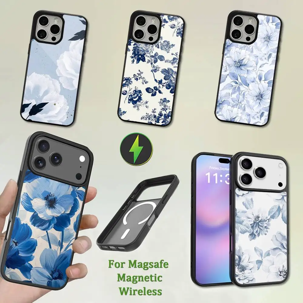 

Blue Art Flower Painting Phone Case For iPhone 13,12,11,16,15,17,14,Pro,Max,Plus,Mini,Magsafe,Magnetic Wireless Charging
