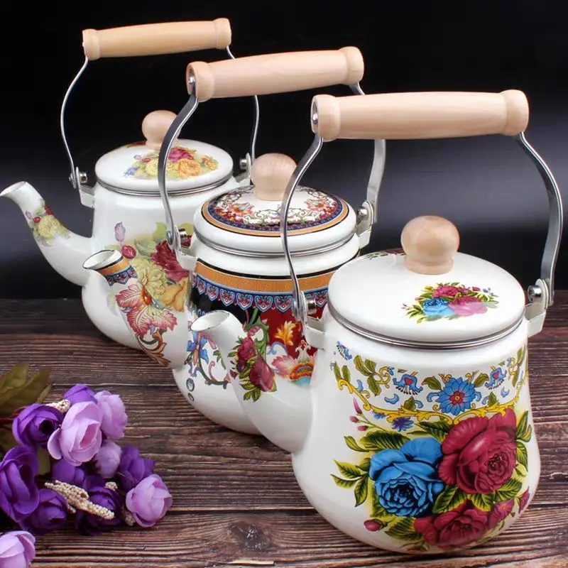 1.5L Elegant Flat Bottom Painted Enamel Boiling Tea Kettle with Tea Leak Induction Hob Open Flame Universal Tea Pot