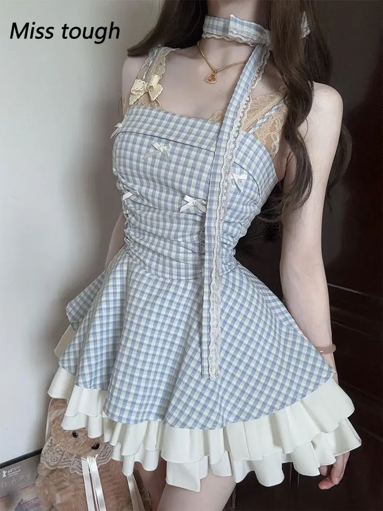 

Women Sexy Blue Lace Dress Sleeveless Flared Skirt Chic Fashion Sweet Elegant Dress Perfect for Summer Casual Wear 2025 New