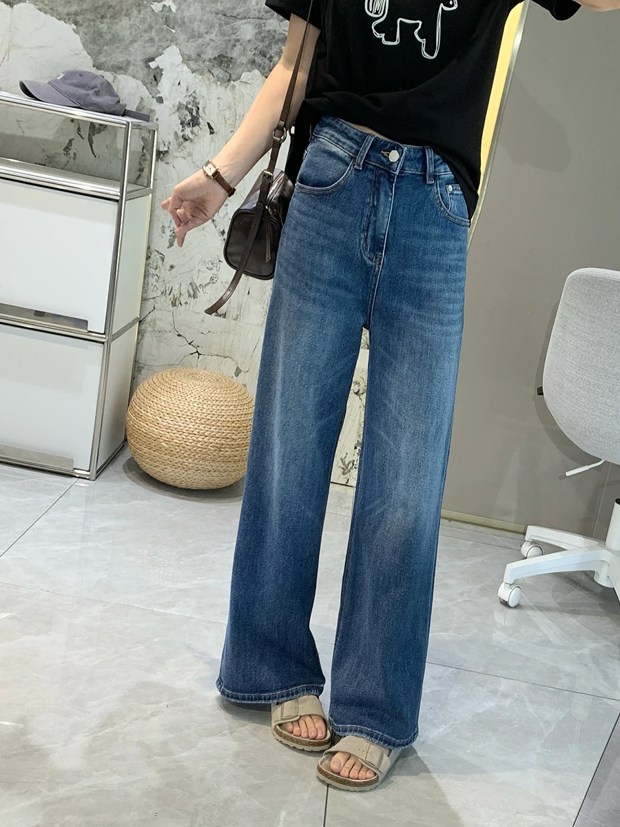

Acetate Smooth Loose Straight Leg Jeans Women Early Spring Elastic Slimming Small Size Wide Leg Pants High Waist Cotton Stret...
