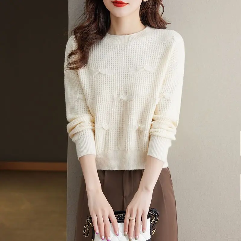 Sweet Fashion Autumn Winter New Sweaters Women\'s Solid O-Neck Bow Screw Thread Korean Casual Long Sleeve Pullovers Knitted Tops