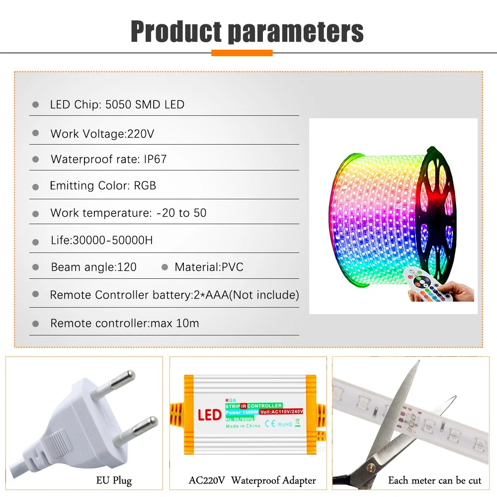 RGB LED Strip Light 220V Waterproof/Multi-Colors/Multi-Modes/Dimmable SMD5050 Rope Lamp With Remote/EU Plug for Garden Building