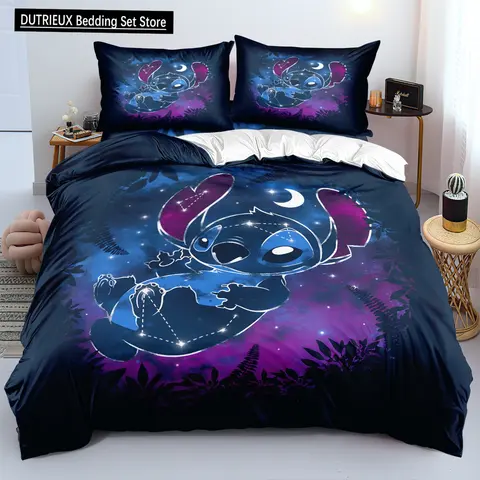 Disney Stitch Cute Bedding Set King Size Kawaii Cartoon Pillow Cover Quilt Cover for Children's Bed Double Three Piece Set