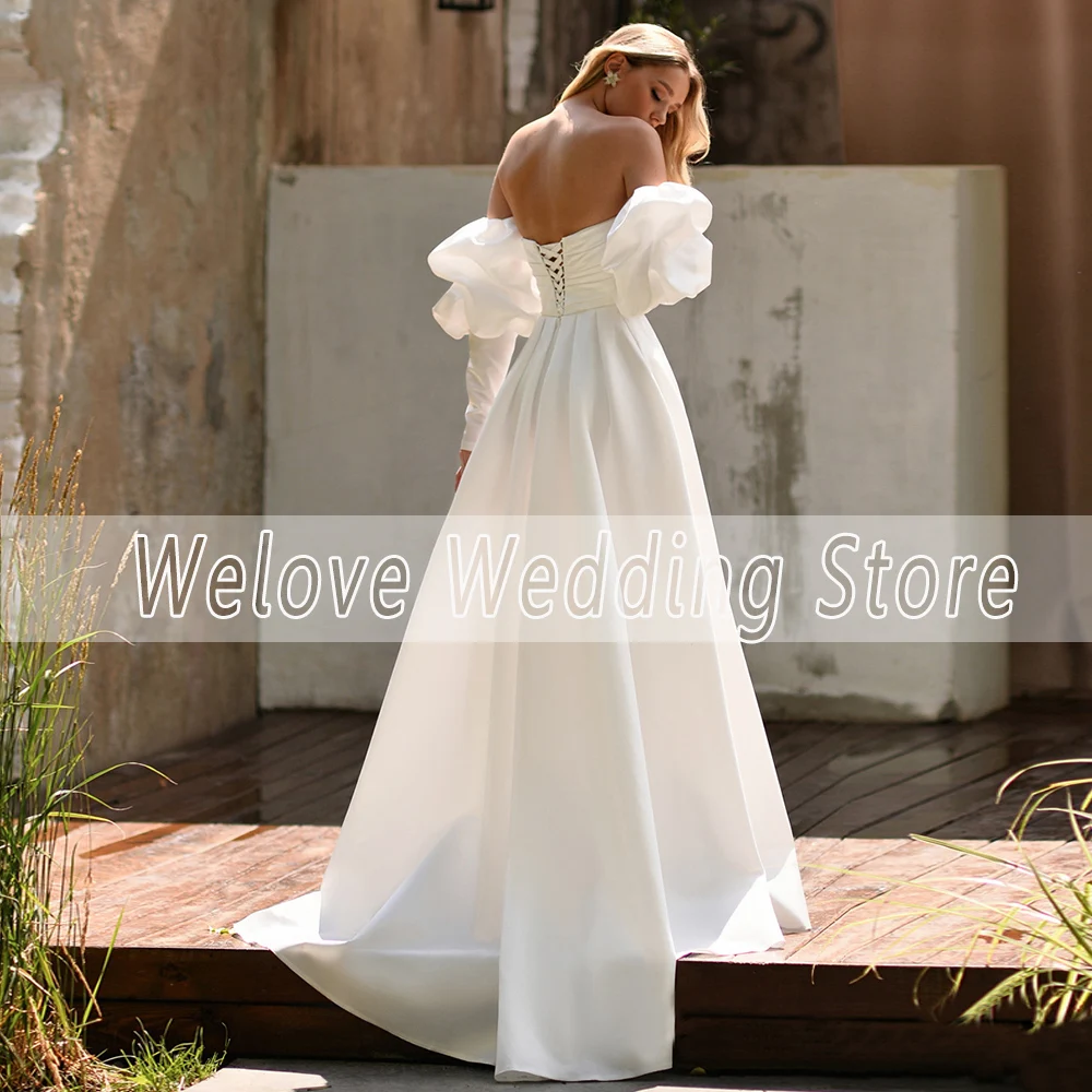 Formal White Wedding Dress With Long Sleeve Sweetheart Neck Sweep Train Pleat Corset Bridal Gown For Bride Vestido De Novia 2024