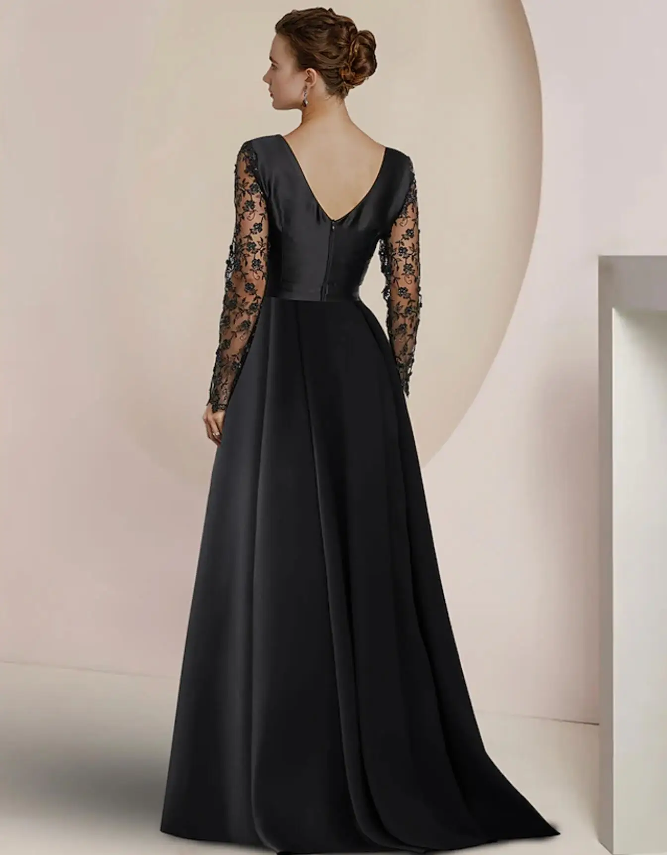 2024Mother of the Bride Dress Lace Satin Floor- Length Vintage Elegant Pleats   Length Sleeve Dress