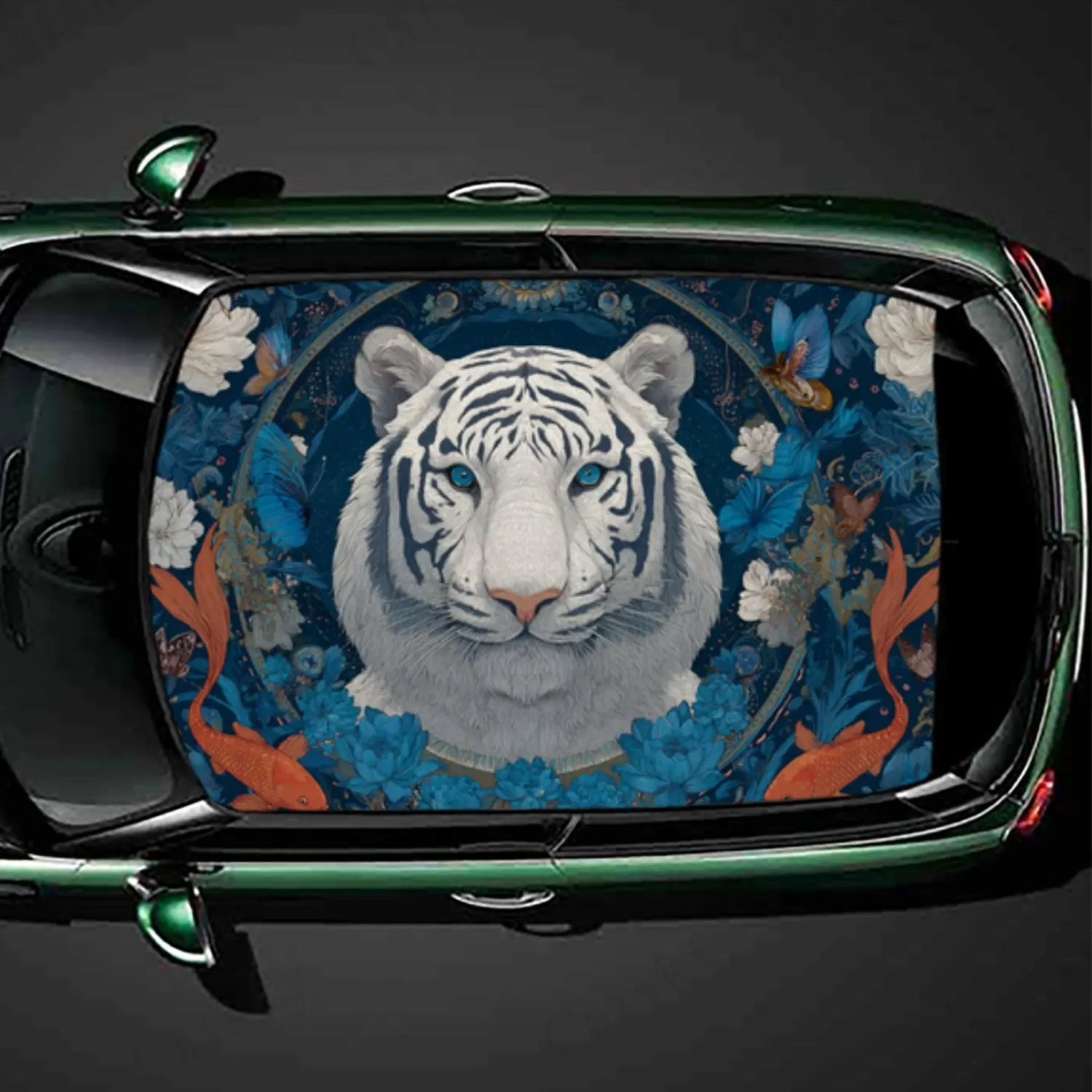 

Синяя - тонированная наклейка на крышу автомобиля из ПВХ с тигром и кои, самоклеящаяся водонепроницаемая виниловая наклейка для автомобиля, защитные наклейки для украшения автомобиля, E