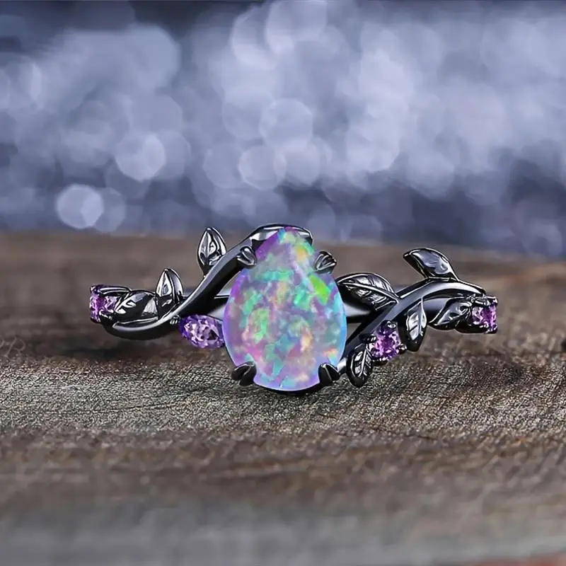 Huitan Spezieller schwarzer 2-teiliger Ring für Damen, Weinblatt-Design, frischer lila Opal, Accessoires, Party, Hochzeit, Schmuck mit eingelegtem CZ – Detail 5