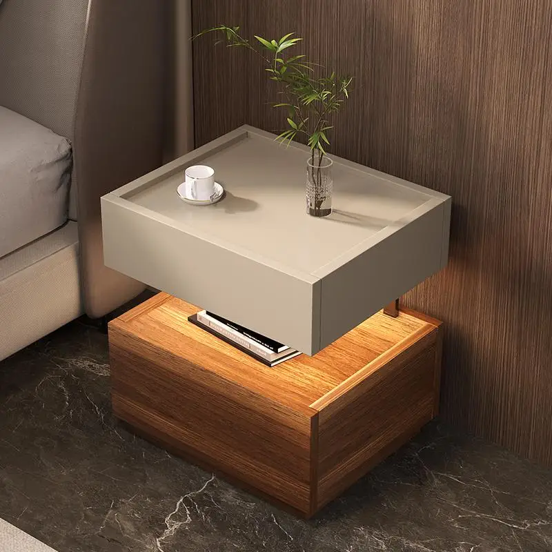 Sensor Light Bedroom Advanced Building Block Italian Minimalist Bedside Table Modern Suspended Solid Wood Bedside Cabinet Plus