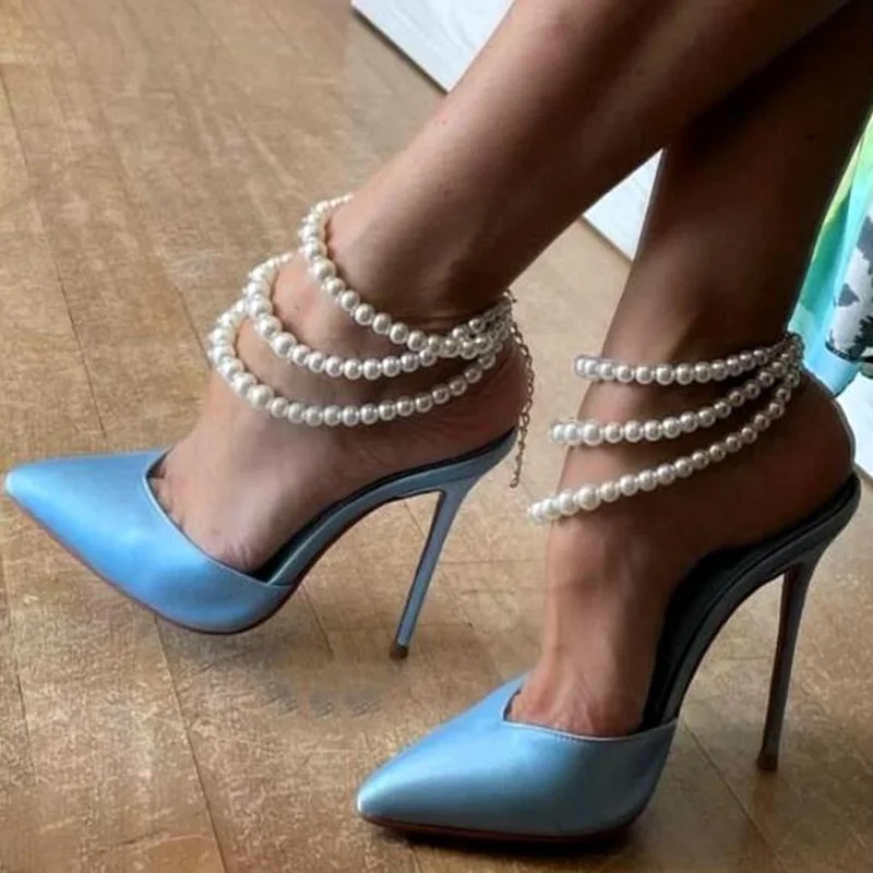 

Blue Satin V Cut Pointed Toe High Heel Mules Shoes Hollow Cover Heels Modern Women Evening Party Dress Shoes Big Size 13