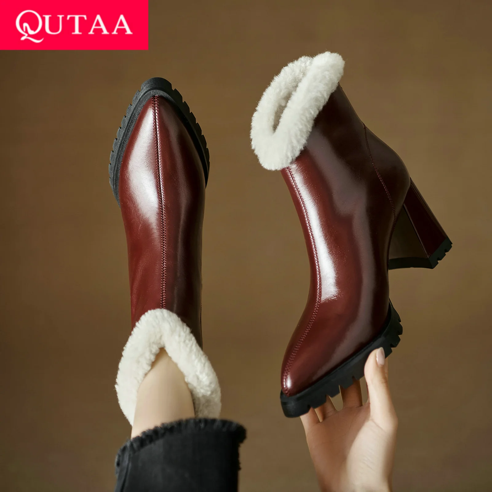 

QUTAA 2025 Winter News Women Ankle Boots Casual Warm Plush Leather Snow Boots Woman Fashion Shoes Motorcycle Boots Size 34-39