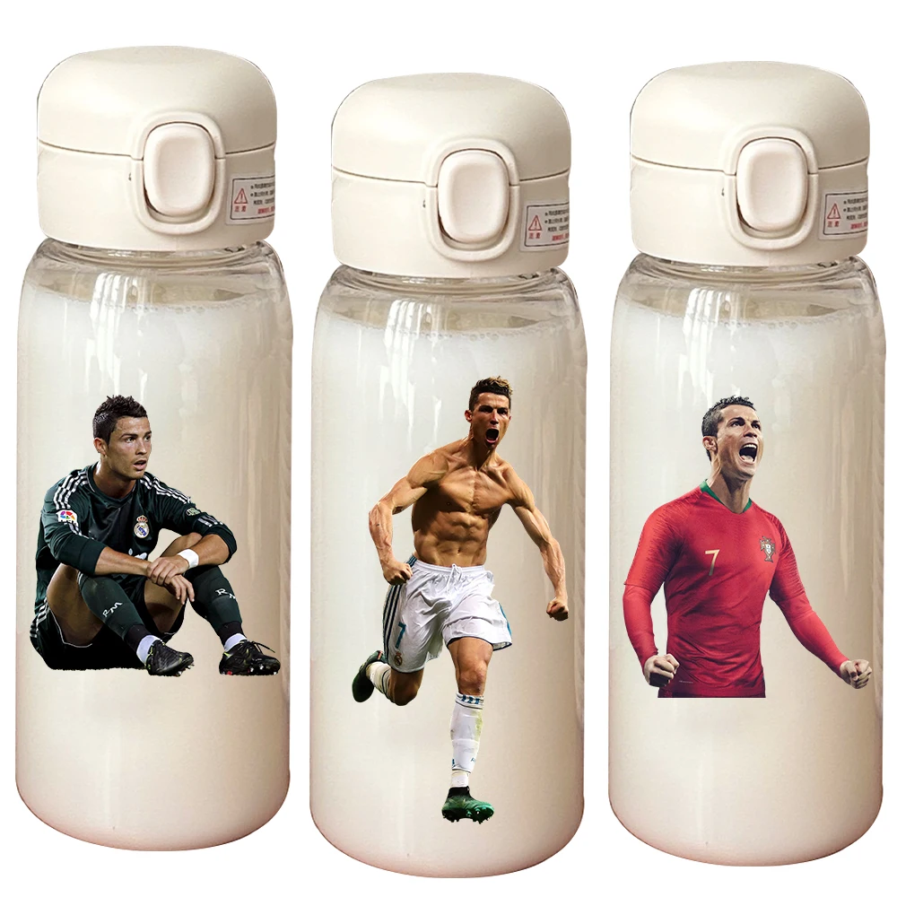 Football Star 600ML Drink Bottle Water Coffee Cup Portable Outdoor Sport Flip Cover Transparent Cup with Straw Cristiano Ronaldo