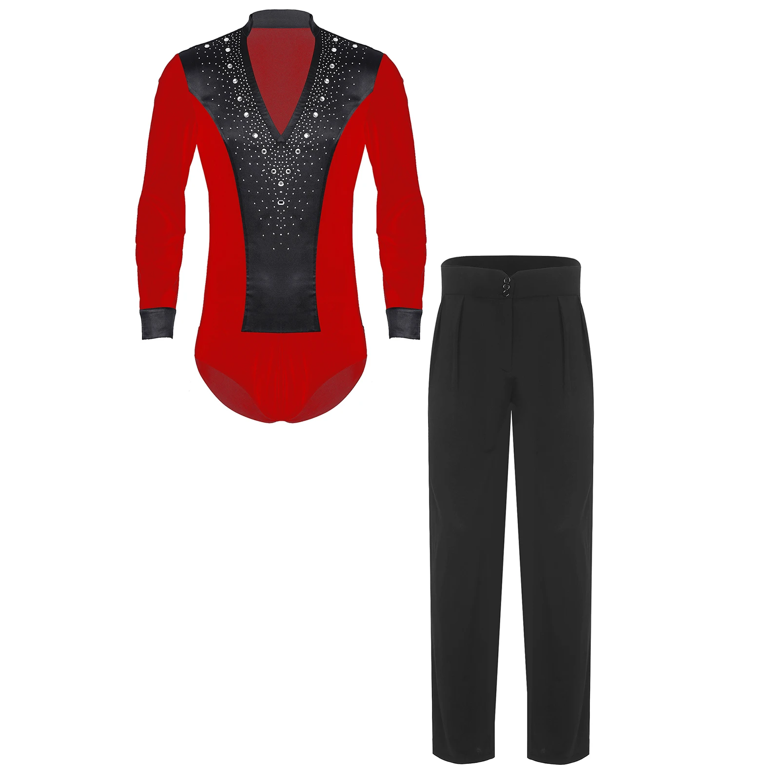ชุดเต้นบัลเลต์ละตินสำหรับผู้ชาย คอวี แขนยาว บอดี้สูท และกางเกงขายาวทรงตรงเอวสูง สำหรับเต้นบอลรูม ชาช่า แทงโก้
