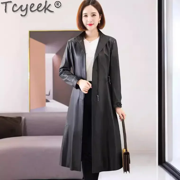 Tcyeek, chaqueta de cuero para mujer, gabardina de cuero con capucha, chaquetas de cuero de longitud media para mujer, ropa de primavera y otoño, chaqueta de cuero