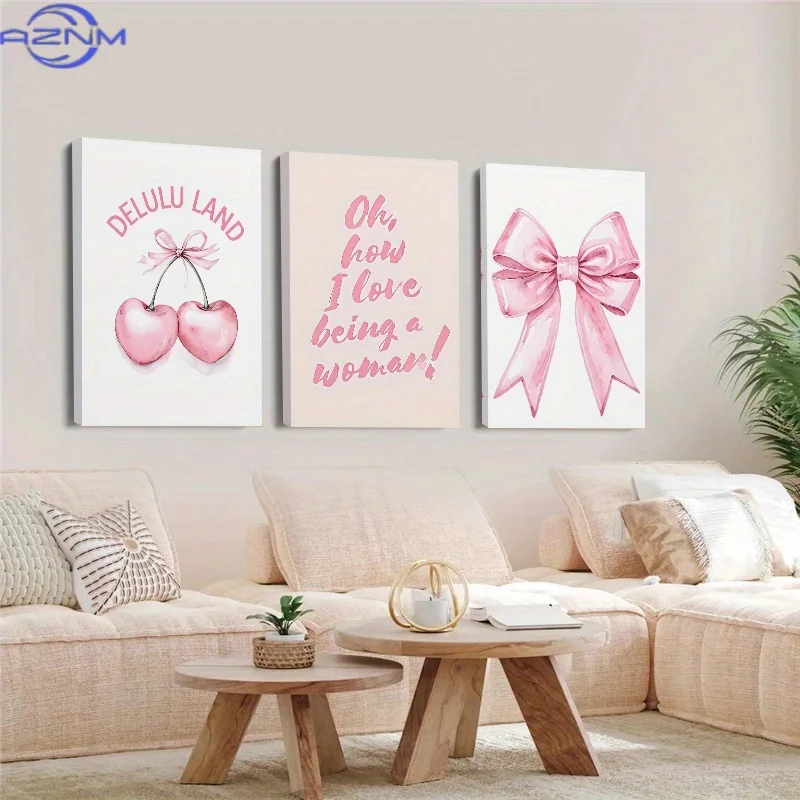 3pcs Pink Girly Cherry Bow  Framed Canvas Painting, Aesthetic Wall Art, Living Room Decoration Bedroom Home Decor