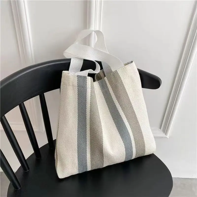 Simple Retro Handbag Small Fresh Striped Canvas Bags for Women 2021 Casual Literature and Art Large-capacity Shoulder Bag Female