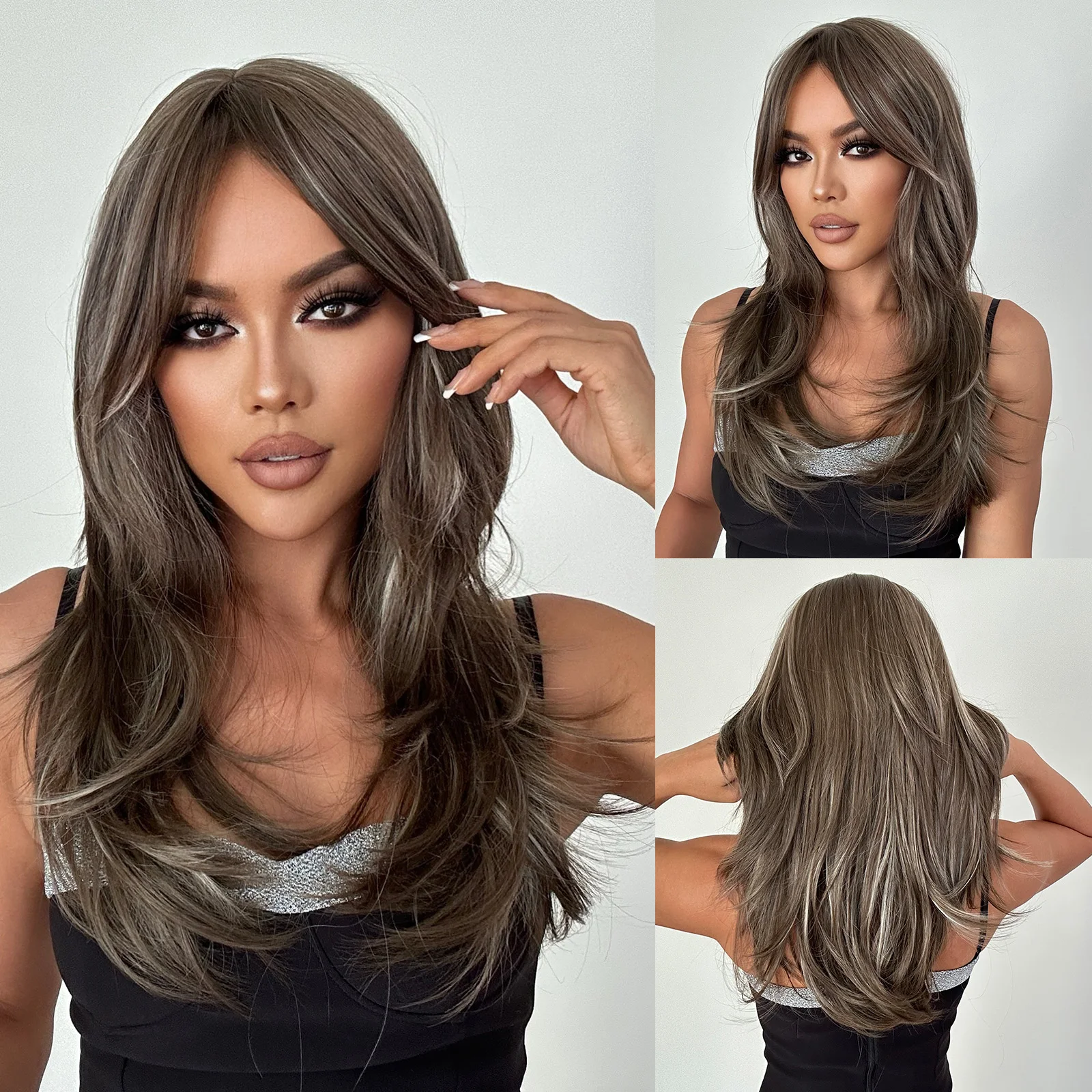 

Long Wavy Ash Brown Highlight Wig Without Bangs for Women Synthetic Hair Heat Resistant Fiber Daily Wear Cosplay Party Use