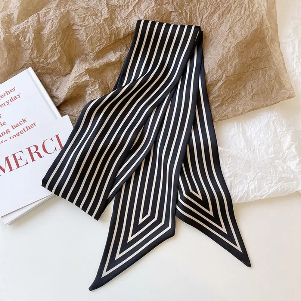 

Retro Simple Tie Stripe Female Shawl French Neckerchief Printing Small Long Scarf Printed Scarf Silk Scarf Korean Style Scarves