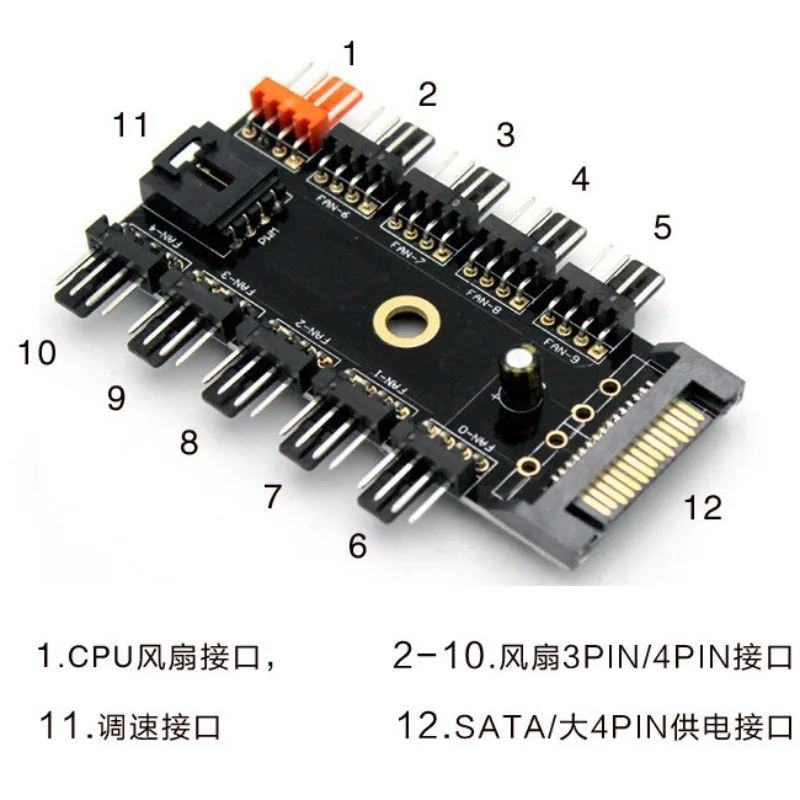 4‑Pin PWM Fan Hub 10‑Port Output Splitter Powered by Large 4‑Pin / SATA Port PC Cooling Fan Controller