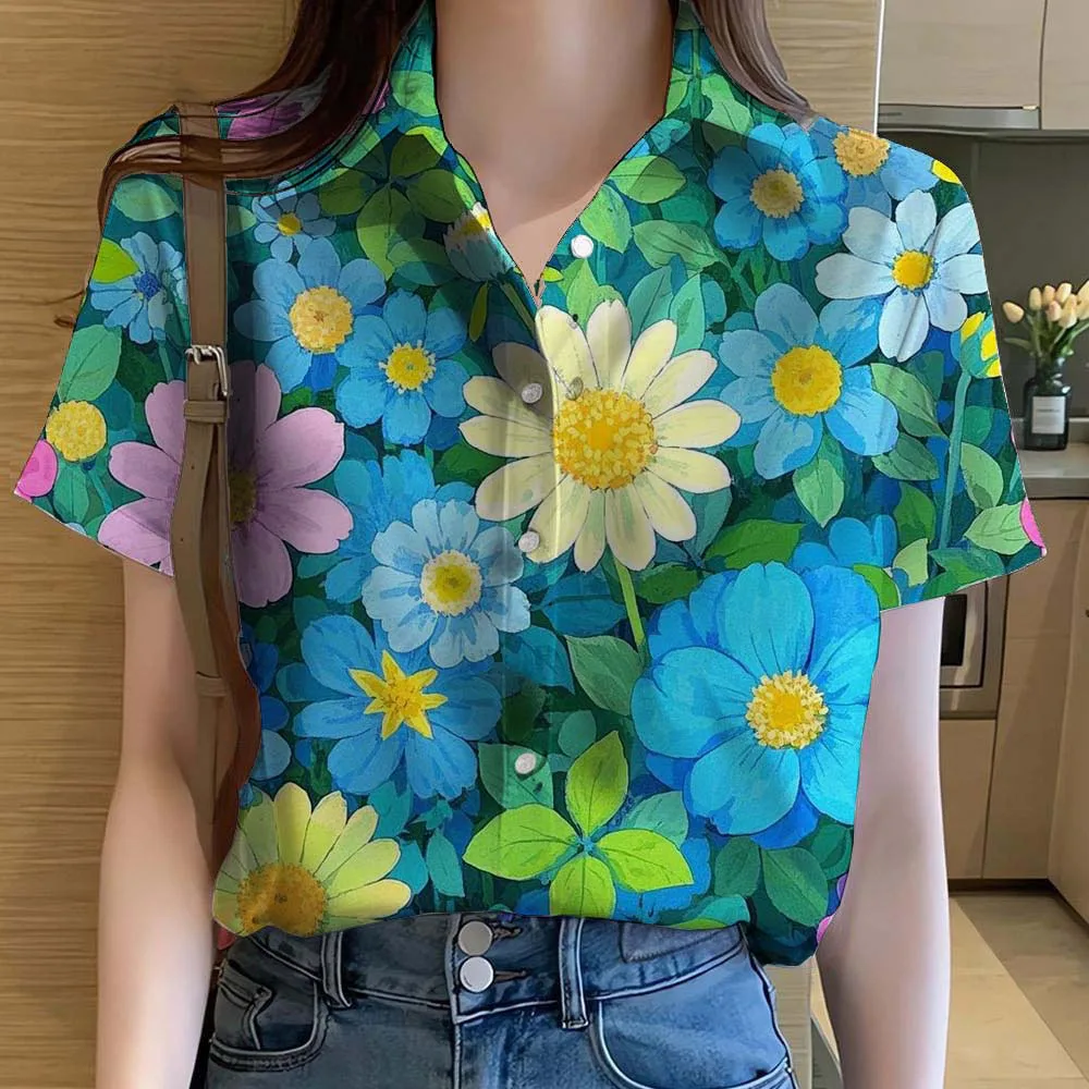 Womens Shirts Short Sleeve Button Floral rose 3D Printed Casual Beach Shirt Summer New unflower Blouse Y2k Women's Clothes