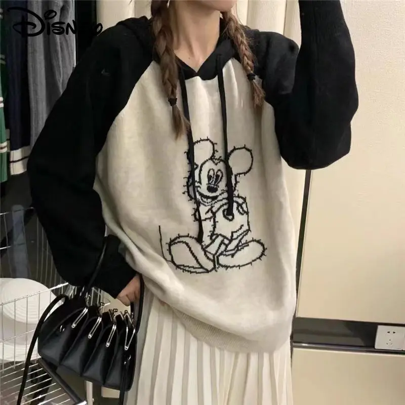 Disney Mickey Mouse Women\'s Hooded Knitted Sweater Winter Clothing New Jacquard Hoodie Yk2 Korean Fashion Style Knitwear Girls