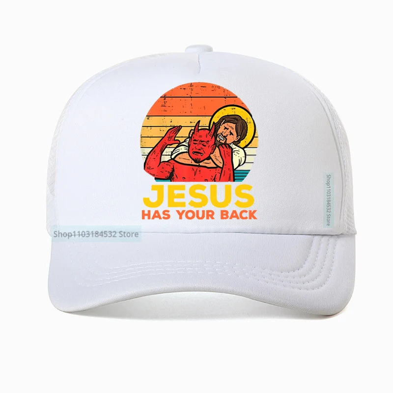 Jesus Has Your Back Jiu Jitsu Retro Christian Baseball Cap Men Women Vintage Graphic Outdoor Mesh Trucker Snapback Hat