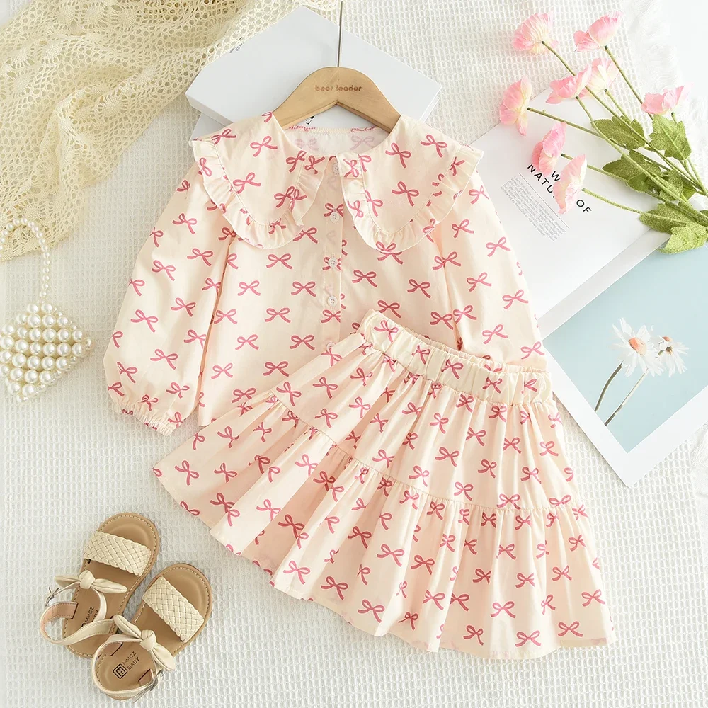 Girls Clothes Autumn Long Sleeved Bow Print Lapel Top+Skirt Two-piece Set Basic Simple Children's Sets