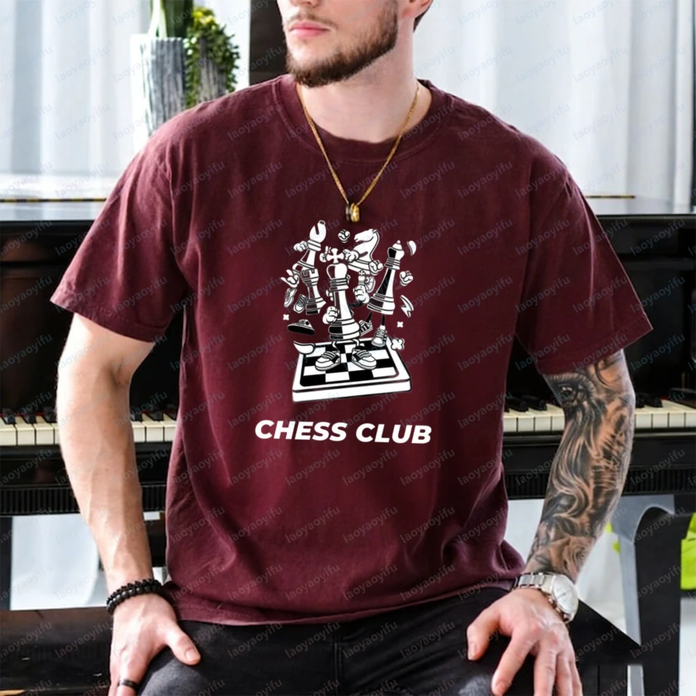 Chess Club Cotton Tee Fun Chess Character Graphic T-Shirt Board Game Streetwear Vintage Classic Hot Sale Trend Men's Clothing