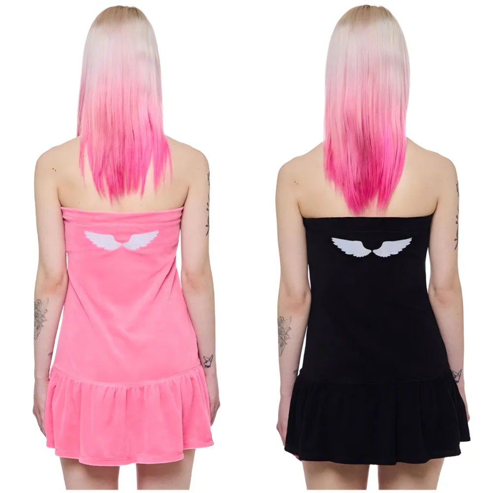 Harajuku style one-shoulder short dress Angel wings printed drawstring tube top sleeveless flounce casual spice skirt.