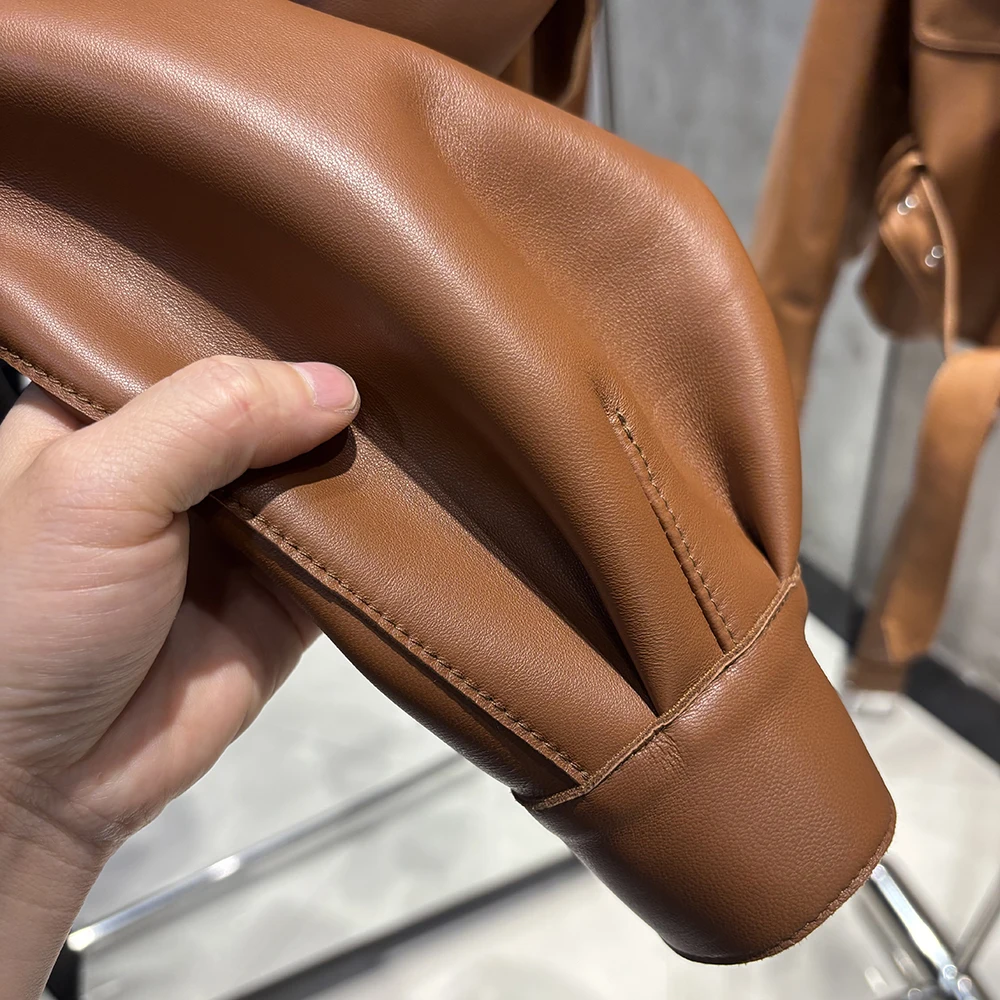 YOLOAgain 2025 Spring Dark Brown Oversized Leather Jacket Women Real Leather Jacket Female Overcoat