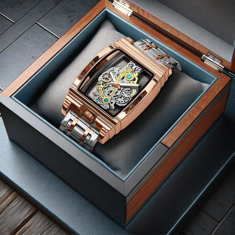 

A men's elegant and stylish versatile quartz watch with a rose gold skeleton dial, luminous hands, and stainless steel band