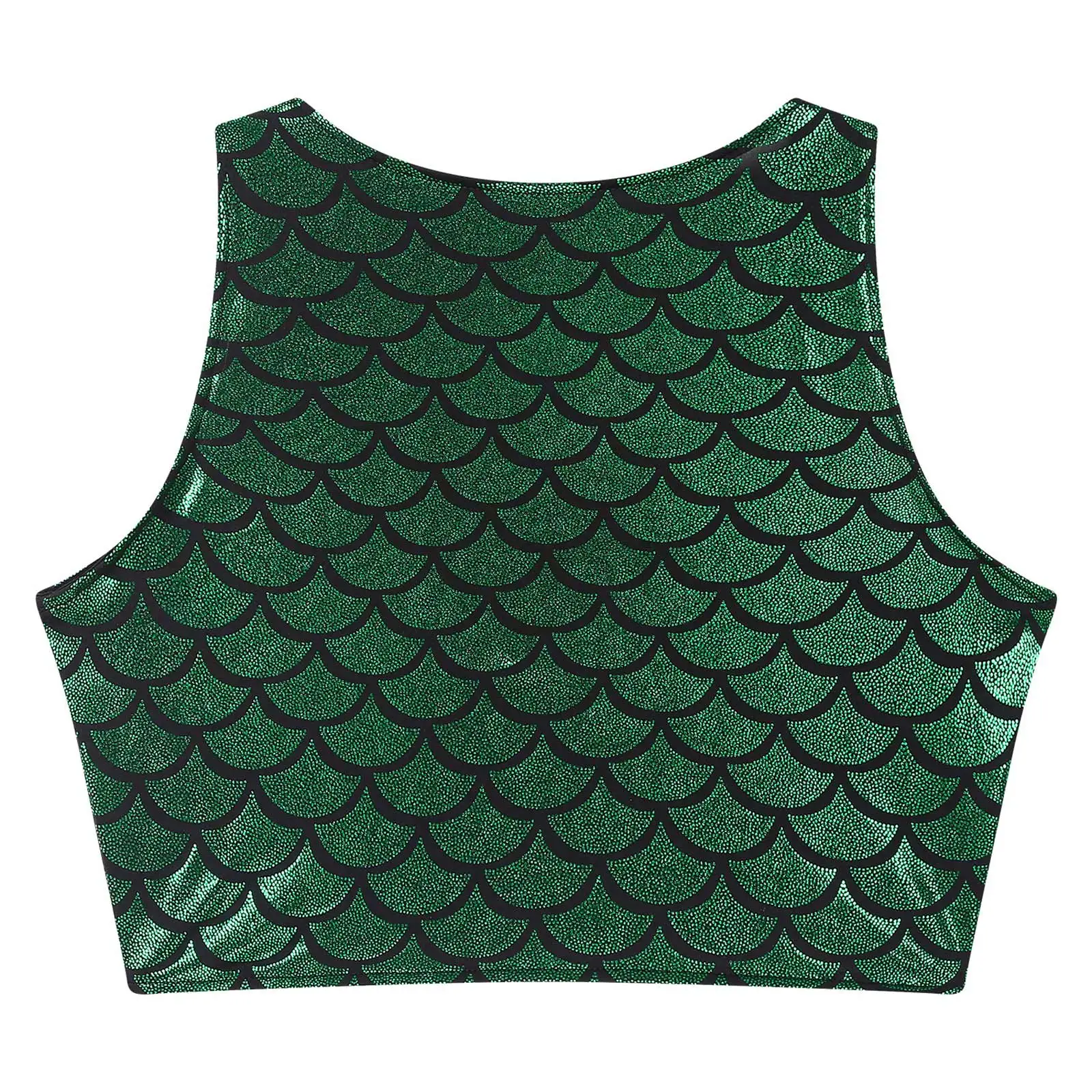 Top crop metálico estampado em fishscale para mulheres, blusa de alças, sem mangas, anel-O, fantasia de cosplay sereia, festa rave, clubwear, gola V